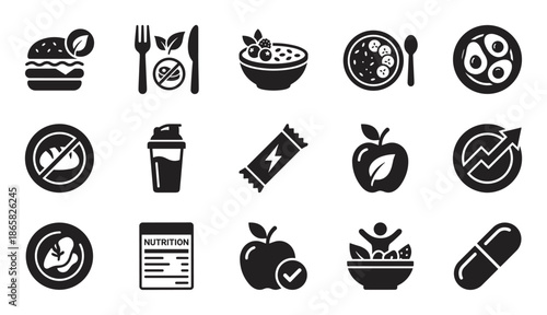 Set of fifteen black glyph icons for nutrition and healthy lifestyle concepts, illustrating various dietary choices like vegan, gluten-free, supplements, and balanced meals