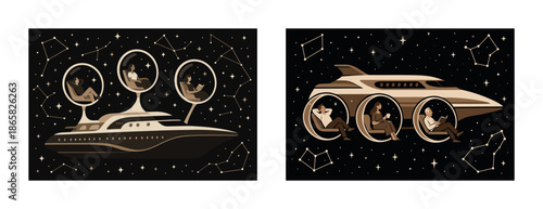 Futuristic spaceships with cosmic passengers under starry night sky