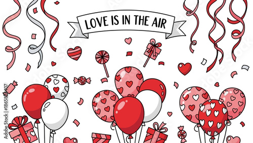 Valentine's Day celebration with heart balloons and gifts
