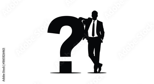 A businessman stands beside a large question mark pondering choices and uncertainty a striking silhouette