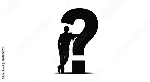 a person stands leaning against a large black question mark creating a striking visual silhouette