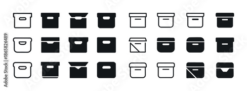 Set of twenty-four container icons in simple black and white design