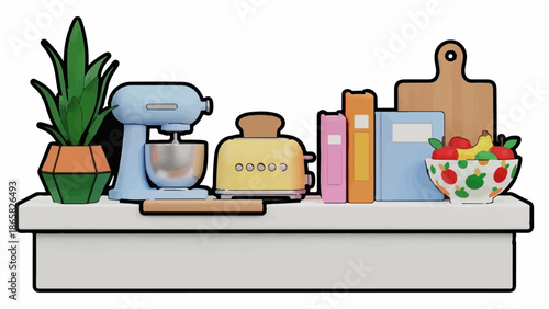 A collection of kitchen items and books neatly arranged on a white shelf