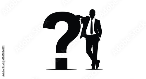 A questioning businessman in a suit leans against a large black question mark illustration silhouette