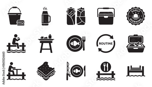Set of black glyph icons representing fishing, outdoor picnic, and early morning routine activities like eating by the water, presented in a simple, flat vector graphic style
