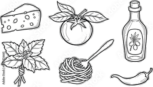 Foods and drinks doodle set. Collection of hand drawn edible and tasty bread cakes fruits pizza soup olive oil and drinks in glass and pot isolated on transparent background