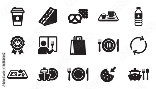 Collection of black food and travel service icons featuring coffee, sandwiches, dining, and cruise ship symbols in a minimalist glyph style for various catering concepts