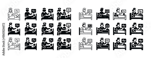 Medical icons set showing doctor and patient interactions with monitors