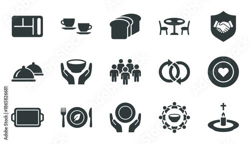 Collection of flat glyph icons representing community, food sharing, charity, and fellowship with symbols for meals, people, support, and Christian faith for graphic design