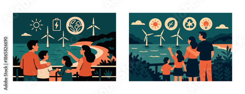 Family observing wind turbines and eco symbols by the ocean