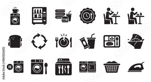 Collection of black minimalist glyph icons for laundromat and cafeteria services, including washing machines, food trays, vending machines, and people eating