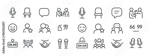 Podcast and communication icons set: microphones, conversations, emoticons, and symbols