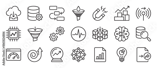 Data analysis and big data line icons representing concepts like cloud storage, database management, processing, filtering, growth, and artificial intelligence in a minimalist style