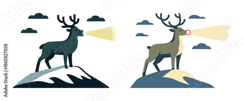 Stylized deer with antlers projecting light on snowy mountain peaks
