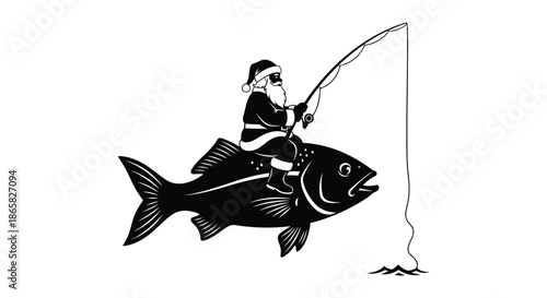 a whimsical depiction of santa claus riding a large fish while fishing a delightful black silhouette