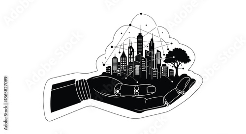 A hand gently cradles a cityscape within a network of connections presented as a striking silhouette