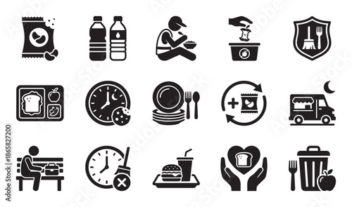 Collection of black glyph icons representing food, meals, lunch, waste, and charity concepts like lunchboxes, fast food, donation, and cleaning in a simple vector style