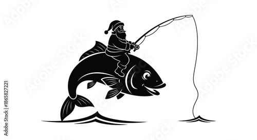 a whimsical depiction of a fisherman riding a dolphin with a fishing rod a striking silhouette