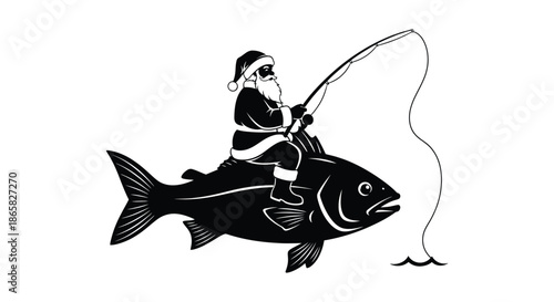 a whimsical depiction of santa claus joyfully fishing while riding a large fish a delightful silhouette
