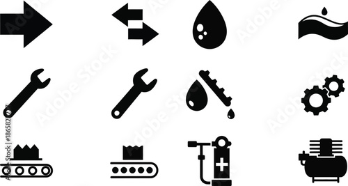 Circular Economy Icons. Solid, filled icon set of circular economy: reuse icon, compost bin, upcycled bag, repair tools, sharing