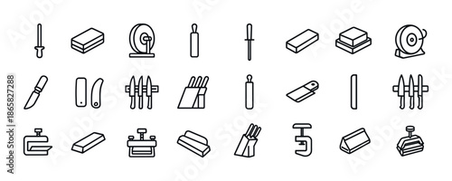Line art collection of knives and kitchen utensils
