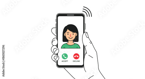 Line art illustration of a hand holding a smartphone with a female contact avatar and green accept and red decline buttons.