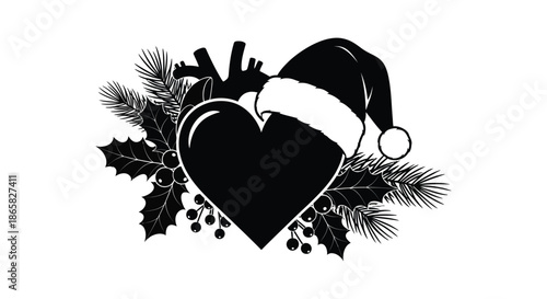 a striking depiction of a heart adorned with a santa hat and winter foliage silhouette