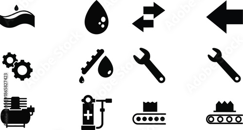 Circular Economy Icons. Solid, filled icon set of circular economy: reuse icon, compost bin, upcycled bag, repair tools, sharing