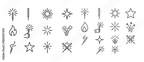 Minimalistic fireworks and sparkler icons collection