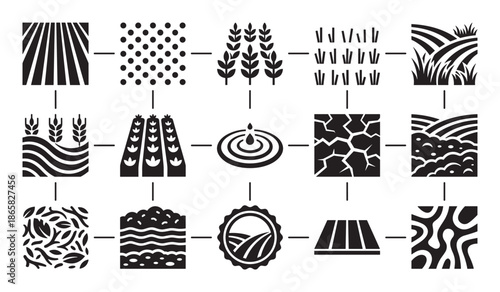 Set of black agricultural icons representing farming, cultivation, and land management with symbols for fields, crops, soil, water, and growth in a minimalist glyph style