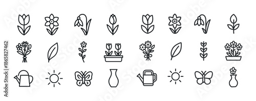 Simple black and white garden icon set featuring flowers, leaves, and gardening tools