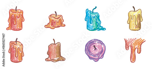 Colorful set of hand-drawn melting candles with a textured crayon-like style, featuring various stages of dripping wax and different vibrant colors for decorative design elements