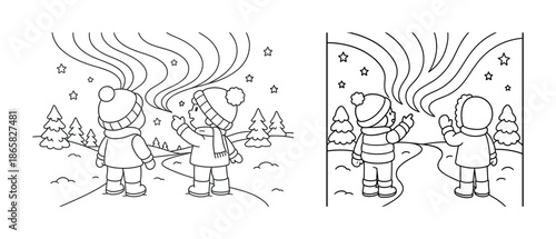 Two children watching northern lights in winter landscape coloring page