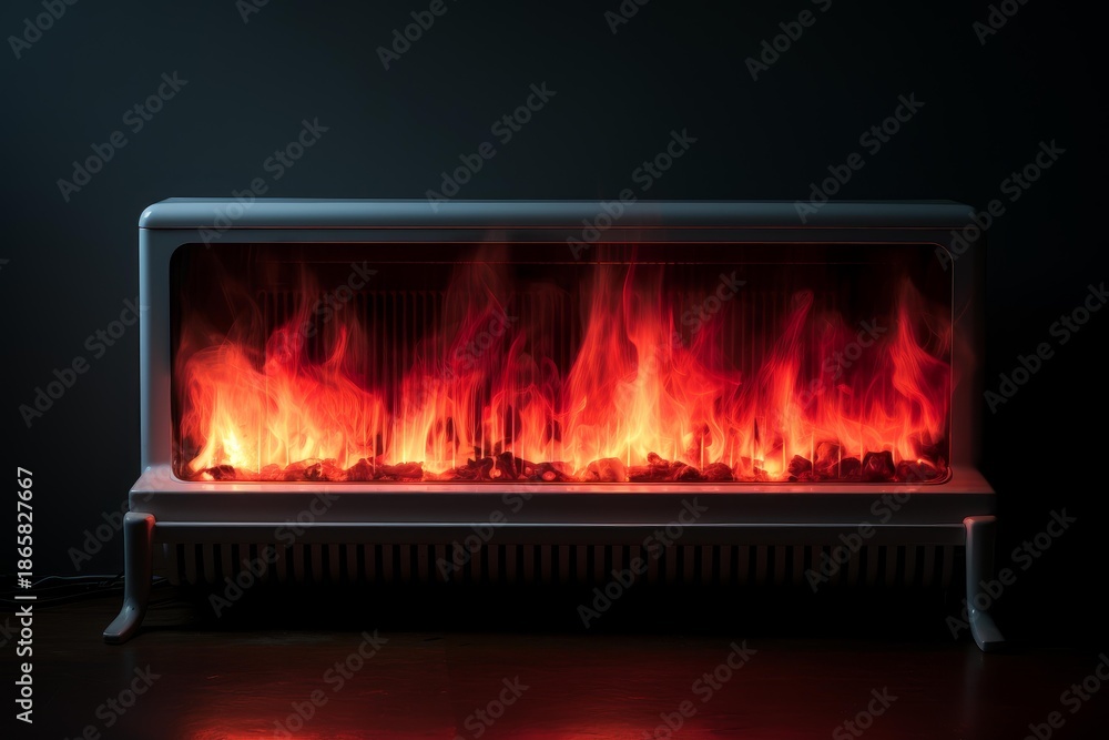 Fototapeta premium Modern electric fireplace creating glowing flames and radiating warmth in a dim interior