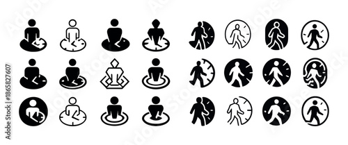 Minimalist meditation and movement icons set for relaxation and mindfulness