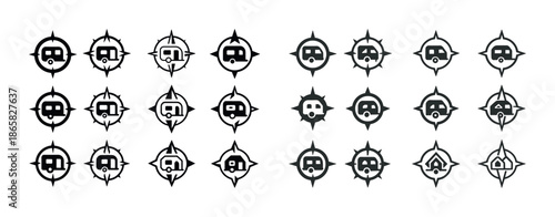 Caravan and camper icons with compass design in black and white
