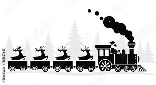 a festive christmas train with reindeer pulling cars and a santa conductor a striking silhouette