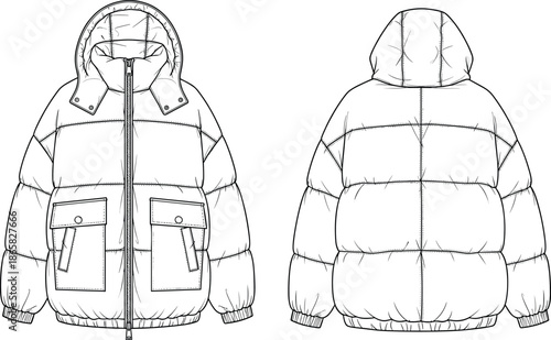 Technical flat sketch of a hooded puffer jacket with oversized pockets and horizontal quilting for winter outerwear fashion design template