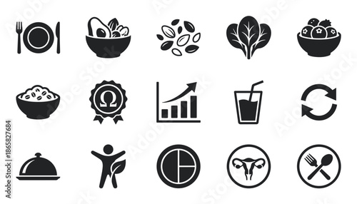 Collection of black glyph icons representing healthy eating, nutrition, and wellness, including symbols for food, diet, omega, female health, and lifestyle improvement