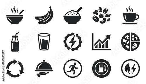 Collection of black glyph icons representing food, energy, and activity concepts like breakfast, performance, fuel, and sustainability in a simple flat vector graphic style