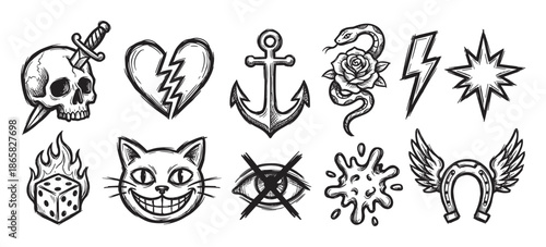 Set of old school tattoo designs featuring a skull with a dagger, broken heart, anchor, snake, rose, flaming dice, and a winged horseshoe in a hand-drawn sketch style