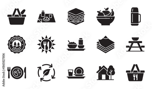 Set of fifteen black silhouette icons for outdoor recreation and picnic concepts, featuring food, baskets, a thermos, and eco-friendly symbols in a minimalist vector style