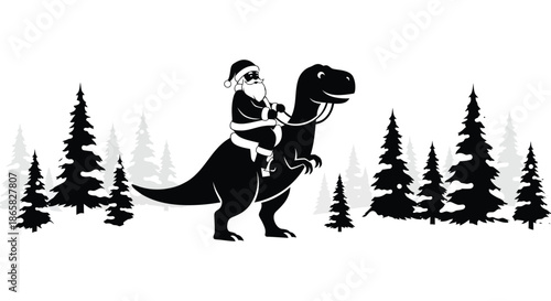 A whimsical depiction of santa claus riding a tyrannosaurus rex through a winter forest landscape silhouette