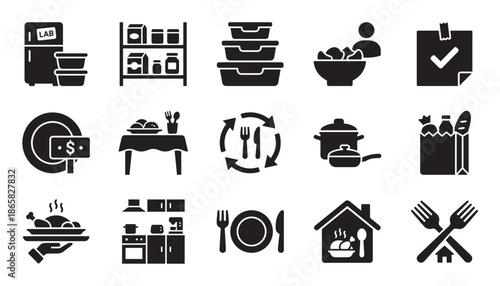 Set of fifteen black solid icons for food preparation, home cooking, meal planning, grocery shopping, and dining concepts presented in a clean, modern glyph illustration style
