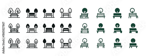 Variety of park bench and tree icons in different styles and arrangements