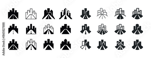 Set of city skyline icons in various minimalist styles