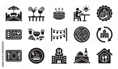 Set of fifteen black glyph icons representing restaurant dining, food service, celebration, and urban eateries, including pizza, cake, and cocktails in a minimalist vector style