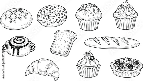 Hand drawn bakery bread elements set in vintage outline illustration style