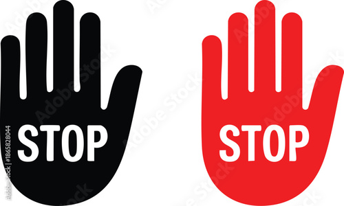 Minimalist Safety and Caution Hand Icons, Prohibition Sign: Open Palm with Stop Text, Pair of Warning Hand Symbols, silhouette, illustration, vector
