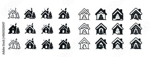 Collection of winter cabin icons with snow-covered roofs and evergreen trees